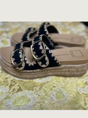 NWOT Dolce Vita Espadrille Slide Sandals with Black Leather and Gold Buckle